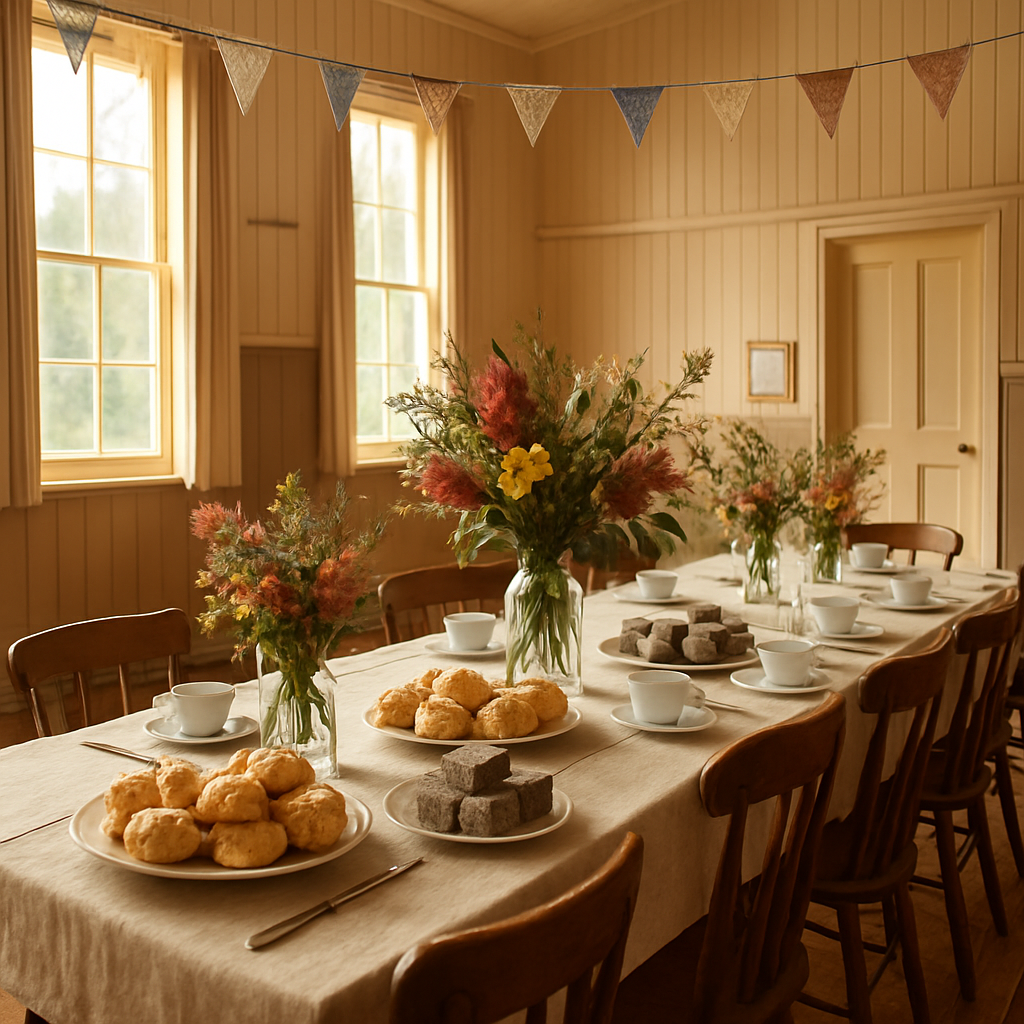 Welcoming Australian community hall set for afternoon tea with native flowers