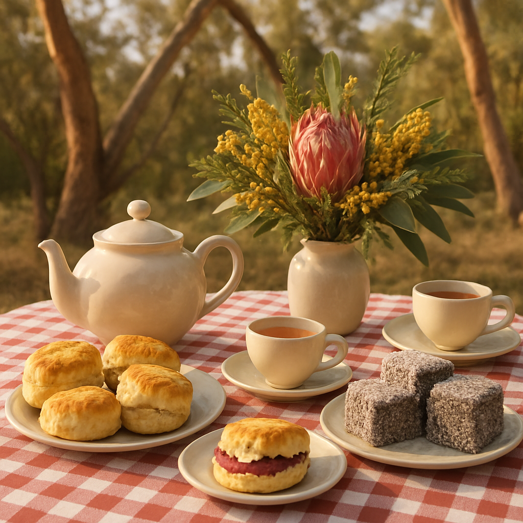 Afternoon tea spread with scones, lamingtons and native flowers