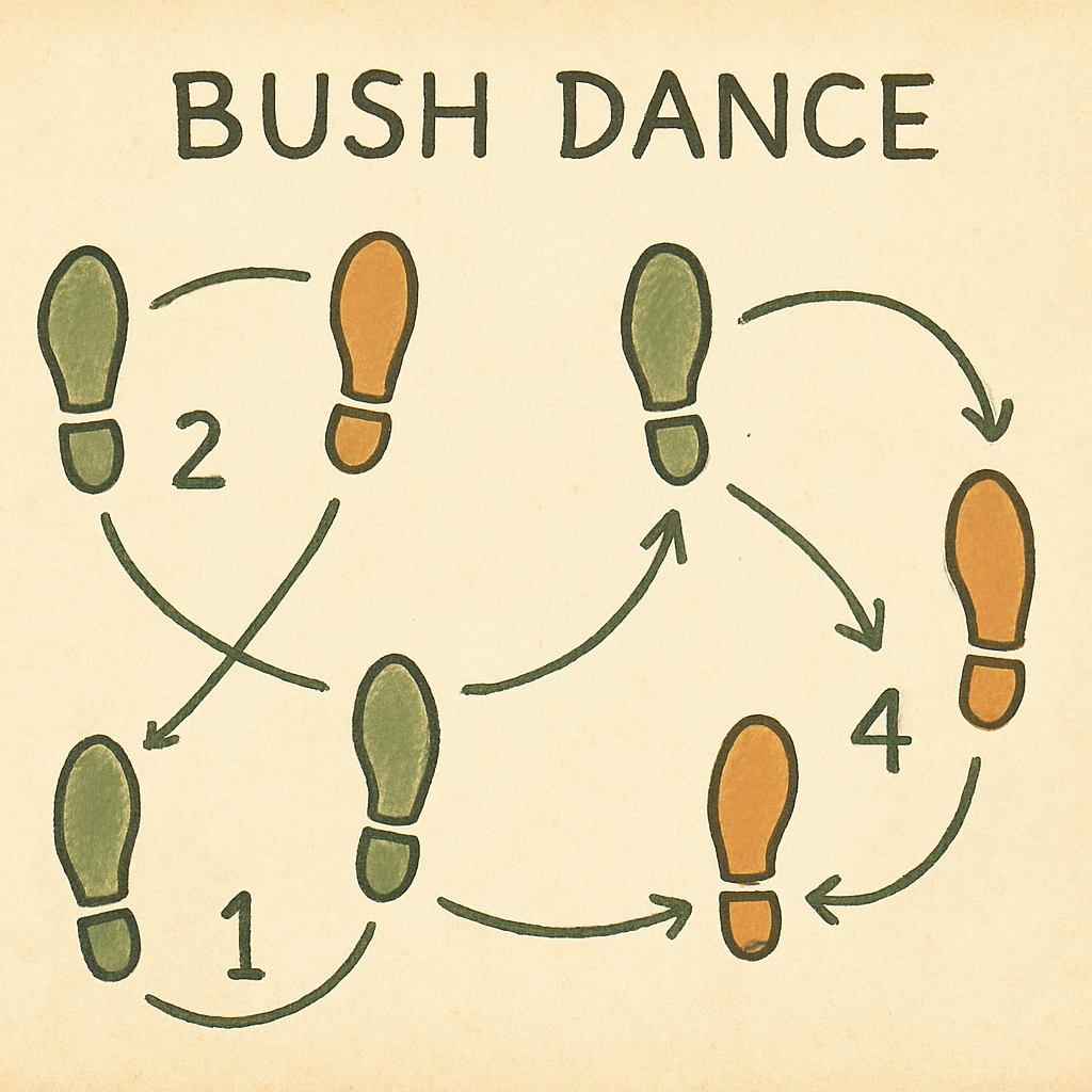 Hand-drawn bush dance step diagram on aged paper