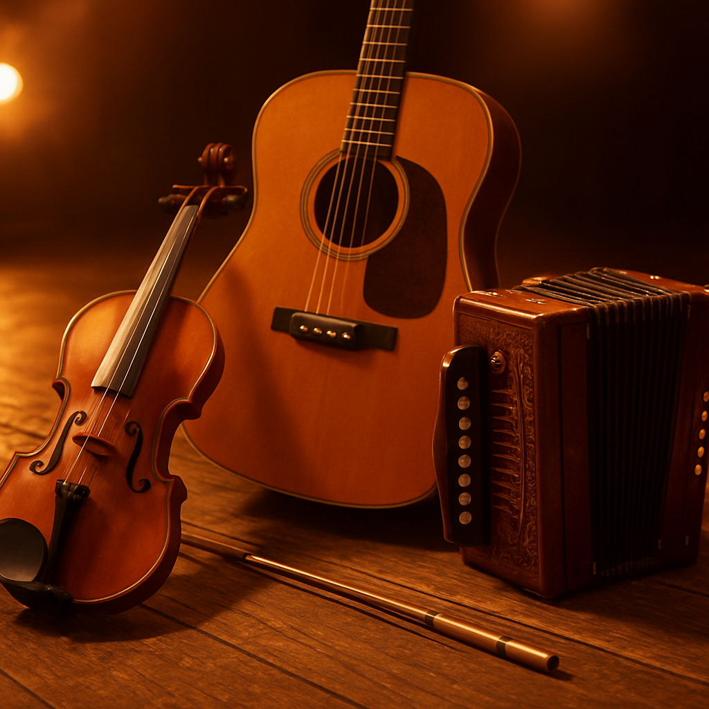 Vintage fiddle, accordion, and acoustic guitar on a rustic stage